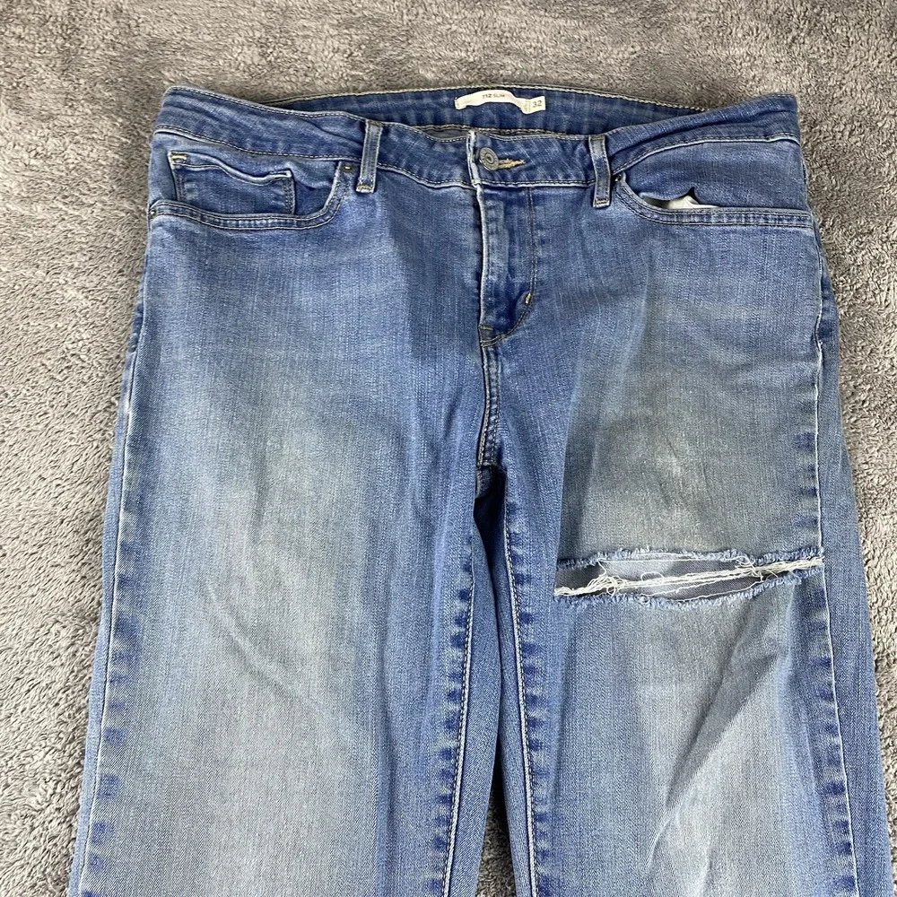 Levis 712 Slim Jeans Womens 32 Blue Medium‎ Wash Mid Rise Distressed